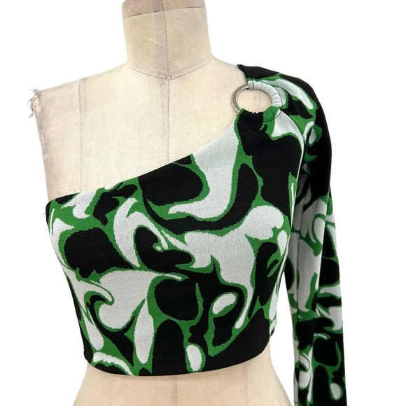 Zara‎ Jacquard Asymmetric One Shoulder Crop Top Ring Detail Black Green Small - Picture 3 of 9